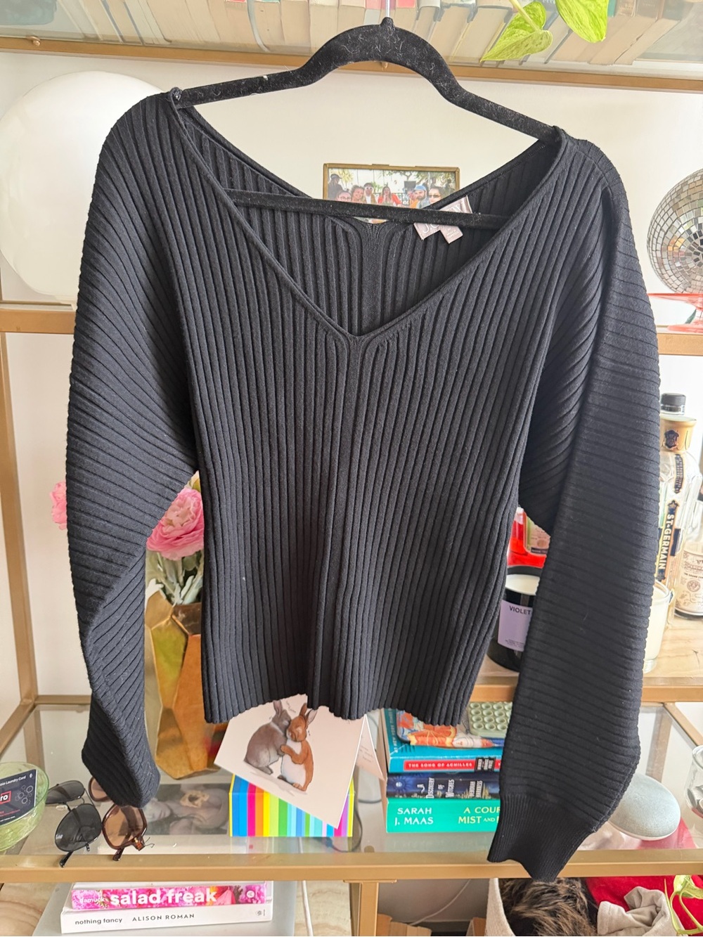 J. Crew Women's Black Ribbed Balloon Sleeve V-Neck Sweater